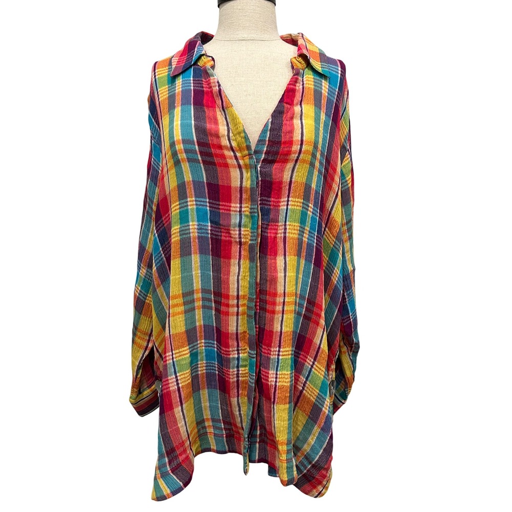 Soft Surroundings Women Rainbow Plaid Cotton Gauze Button Down Shirt 1X Maximal